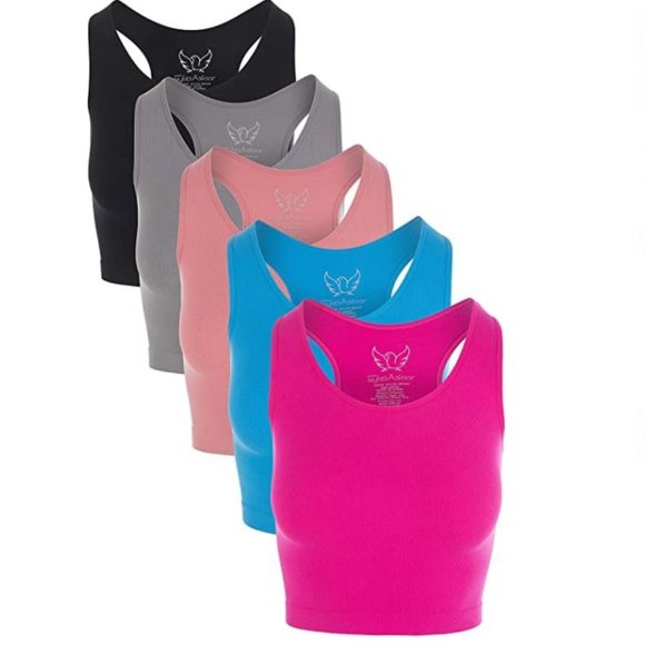 unknown Tops - 5 Ribbed cropped tops for Women Gym Workout Stretchy Racerback bundle